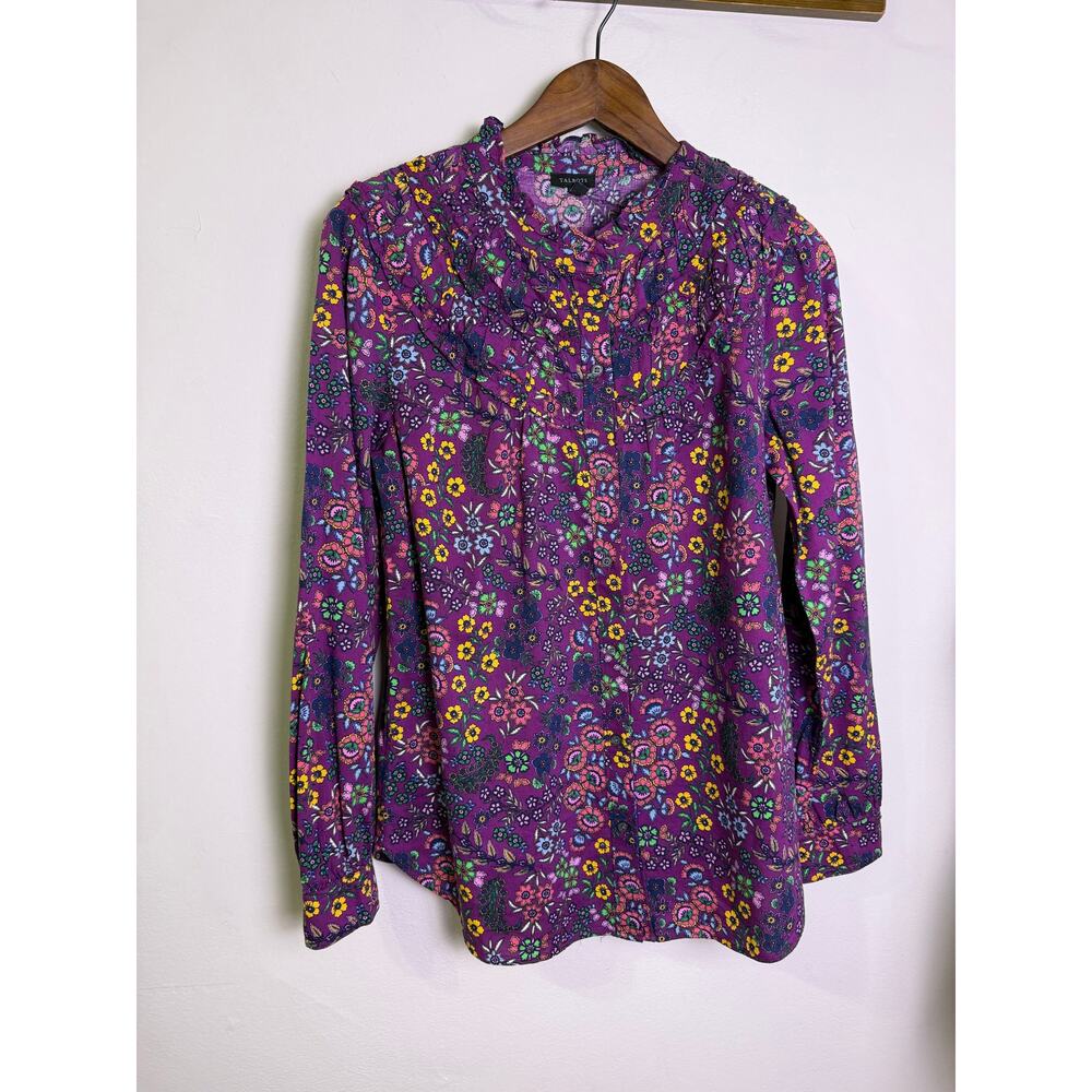 Talbots Floral Ruffle Blouse Purple Long Sleeve Button Front Top Women’s M - Picture 2 of 6